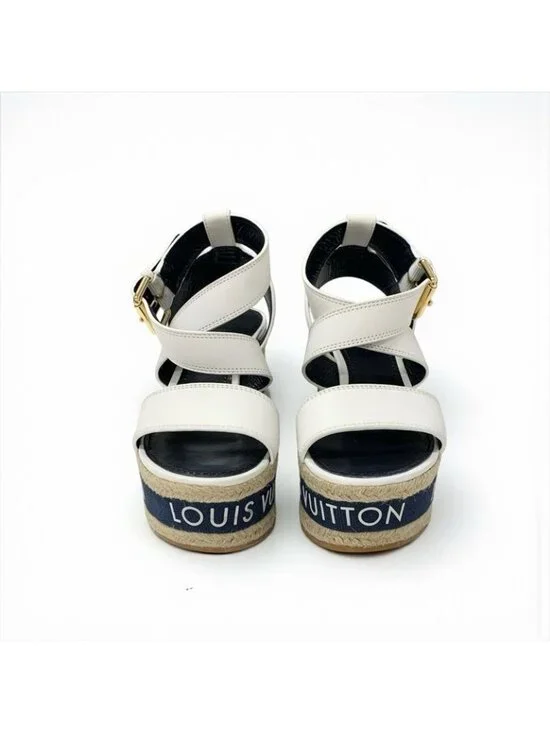Louis Vuitton Boundary Line Sandals Shoes Leather White Navy Logo Wedge Sole - Picture 3 of 10